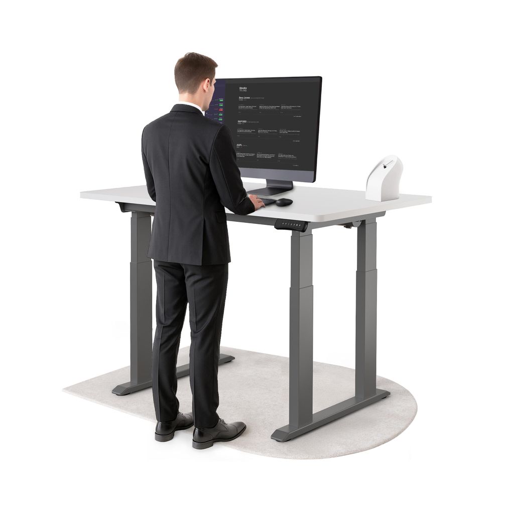 DESKSPACE Höhenverstellbarer Schreibtisch elektrisch mit leisem Dual-Motor – stabiles 4-Bein-Gestell (Grau Gestell, Weiß Tischplatte, 140×70 cm)