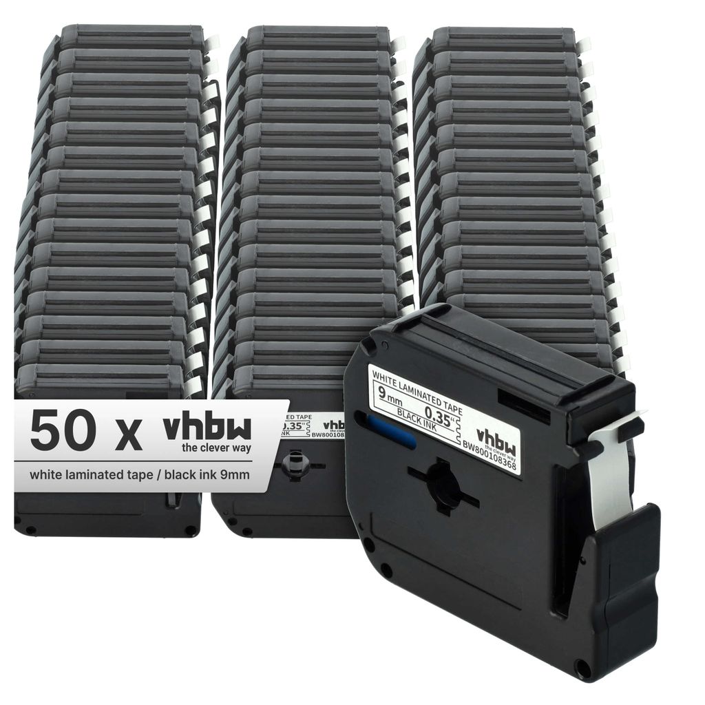 vhbw 50x Schriftband-Kassette kompatibel mit Brother P-Touch 80SCCP, BB4, 90, H100, 80, 85 Etiketten-Drucker 8m x 9mm Schwarz auf Weiß, Kunststoff