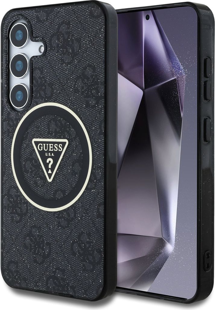 Guess 4G Glitter Triangle Buttons MagSafe Case für Samsung Galaxy S25 Schwarz