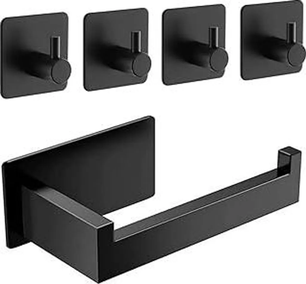 Portarotolo senza foratura, portarotolo senza foratura, portarotolo autoadesivo in acciaio inossidabile con 4 ganci per asciugamani, portarotolo per bagno e cucina (nero)
