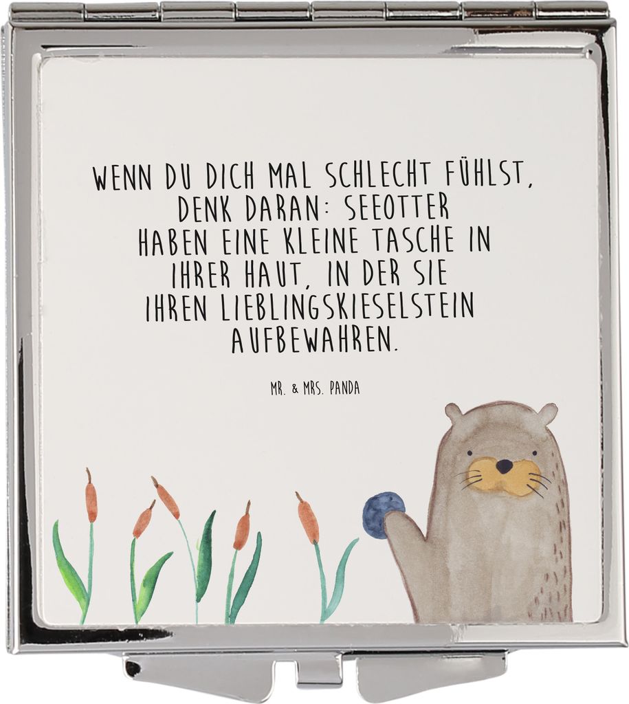 Mr. & Mrs. Panda Schminkspiegel Otter Stein - Weiß - Geschenk, Seeotter, Mini Spiegel, Kleiner, Pflanzen, Witzige Fakten, Taschenspiegel, Kosmetik...