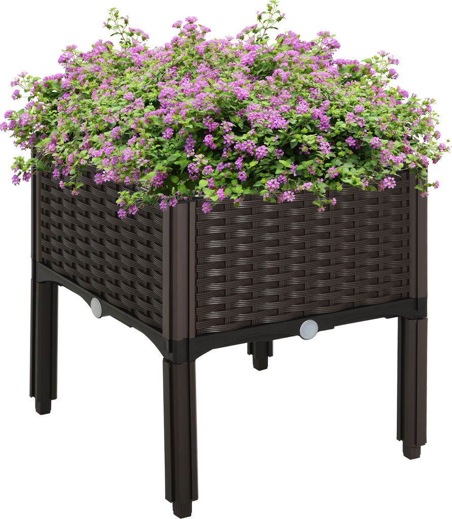 Outsunny Hochbeet, Pflanzkasten mit Abflusslöchern, Blumenkasten im Rattan-Look, Kunststoff, Braun, 40 x 40 x 44 cm