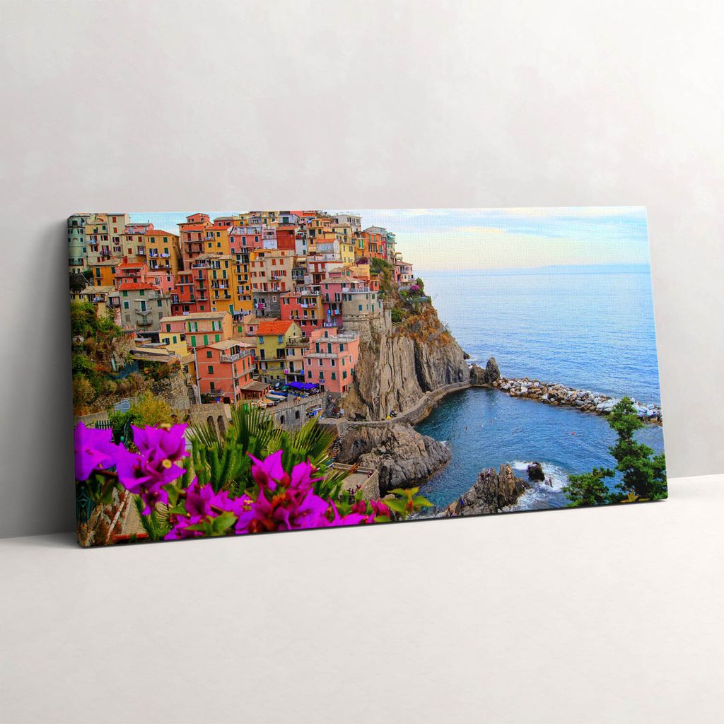 Blumen und Küste der Cinque Terre Italien – Leinwandbild Wandbild – 140x70 cm – Leinwandbilder – Wandbilder – Schlafzimmer – Flur