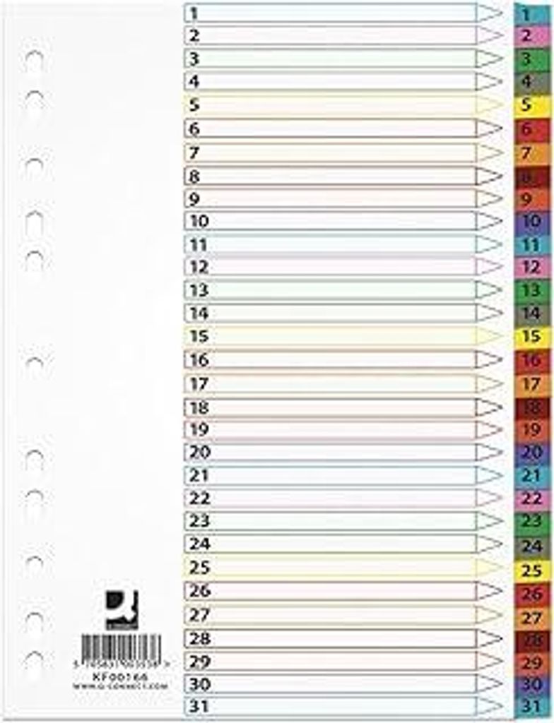 Q-CONNECT A4 Ordner-Trennblätter/ 30-teilig/Karton/Mylar-Folie/ A4 Ordnerregister/Für Zuhause, Schule, Büro/Gemischte Farben