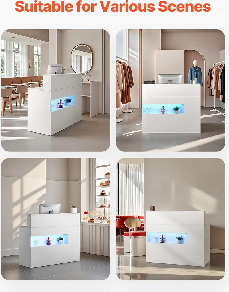 Banque de réception design avec éclairage LED et tiroirs de rangement