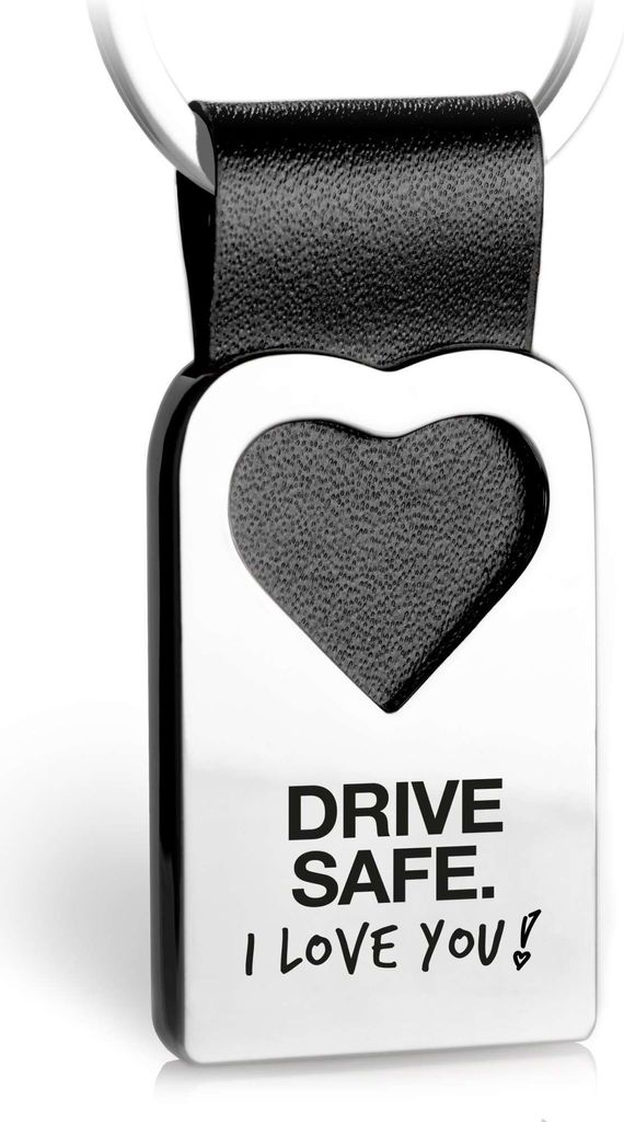 FABACH Herz Schlüsselanhänger mit Gravur aus Leder - Auto Glücksbringer Anhänger Fahr vorsichtig - Drive Safe I Love You