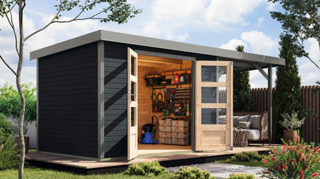 Gartenhaus Karibu Metalwood 4C Blech graualu inkl. Anbaudach 2,35 m 541,5 x 236,5 cmm anthrazit