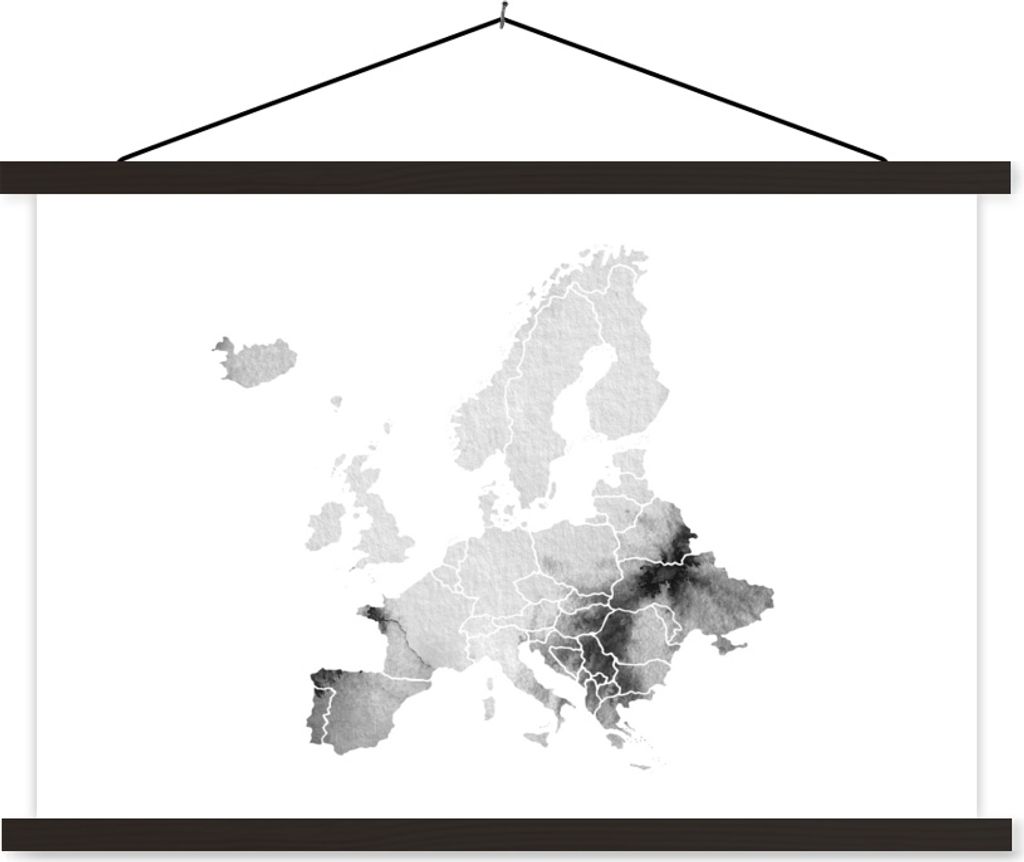 MuchoWow Textilposter Europa-Karte in hellgrauer Aquarellfarbe - schwarz und weiß 150x100 cm mit schwarzem Rahmen - Schlafzimmer
