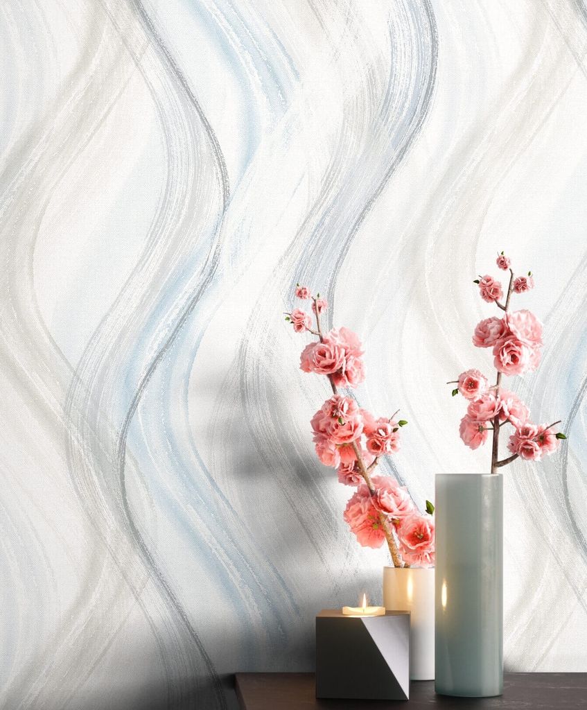 NEWROOM Tapete Blau Vliestapete Wellen - Mustertapete Grafisch Grau Weiß Linien Muster Grafiktapete Modern Geschwungene Linien