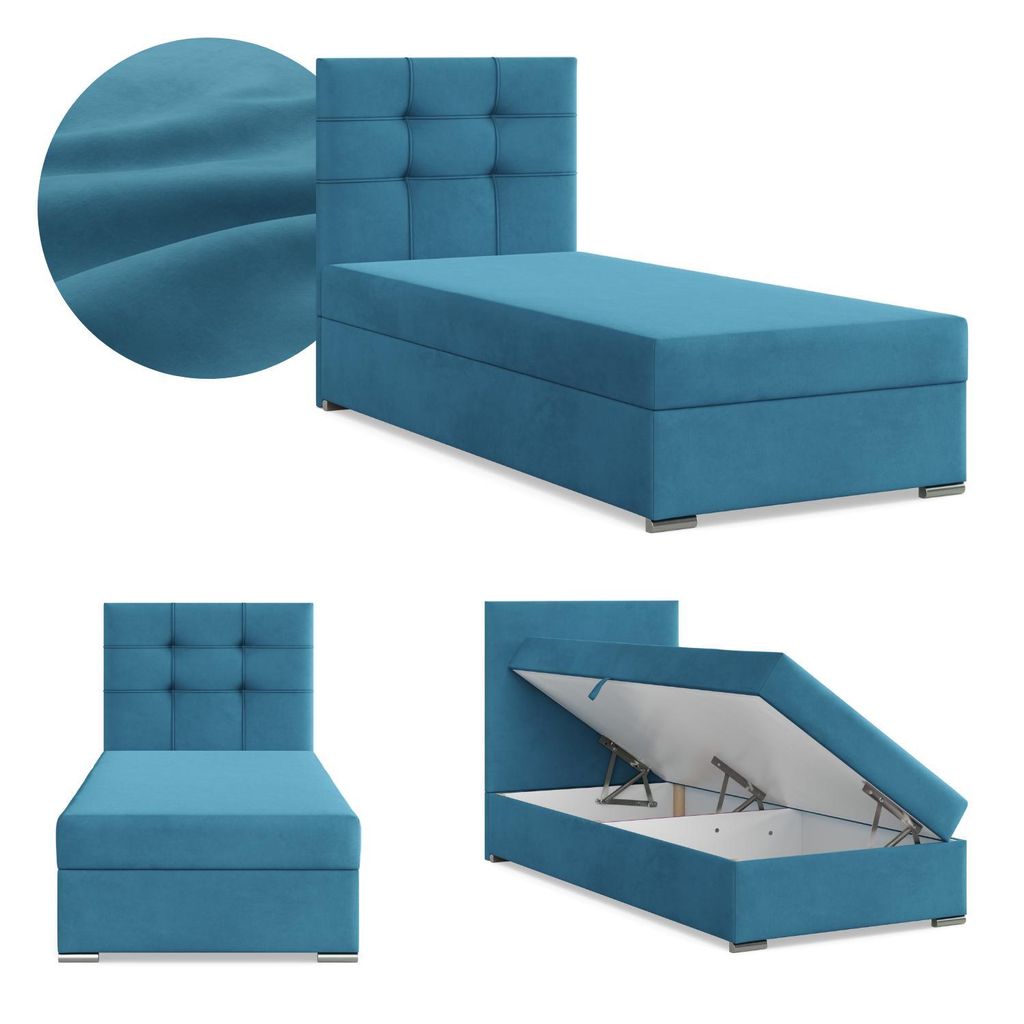 Boxspringbett mit Bettkasten, Einzelbett 90x200, Polsterbett mit Kopfteil mit Bonell Matratze Jugendbett Kinderbett Samt-Velours ELDA Blau Meeresfarbe