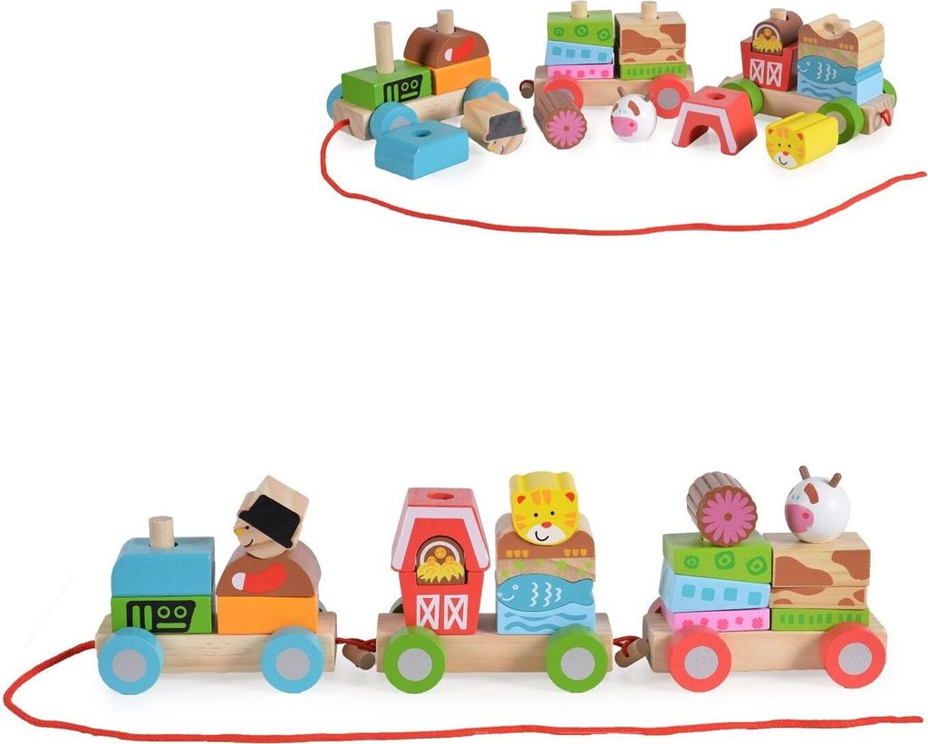 Moni Spielzeug Zug 2036, Bauernzug aus Holz, Formsortierspiel, 1 Lok, 2 Waggons bunt