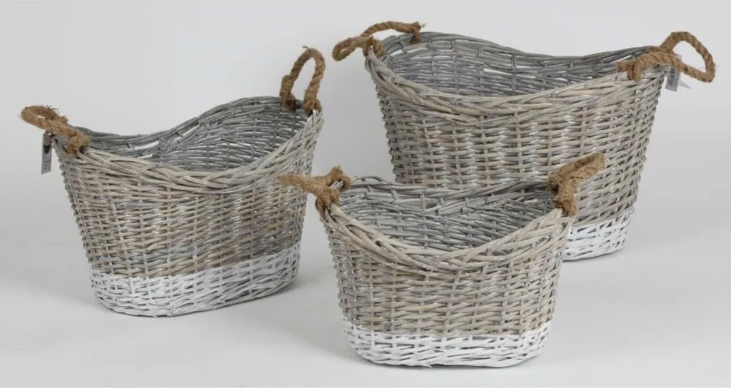 Paniers en Osier Gris/Blanc pour Transport de Bois et Rangement Salon x3
