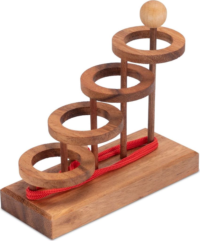 Vier Ringe – Schnurpuzzle aus Holz | Knobelspiel mit Kordel & stabilem Fuß