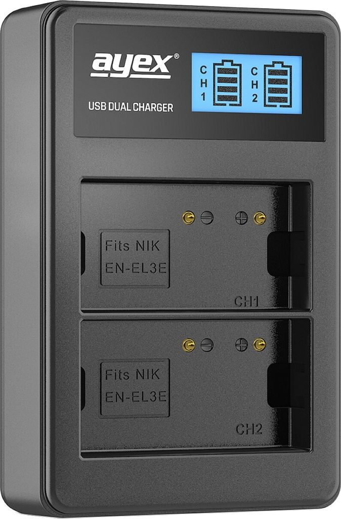 USB Dual Ladegerät für Nikon EN-EL3e Akkus beleuchtetes Display Ladestandanzeige