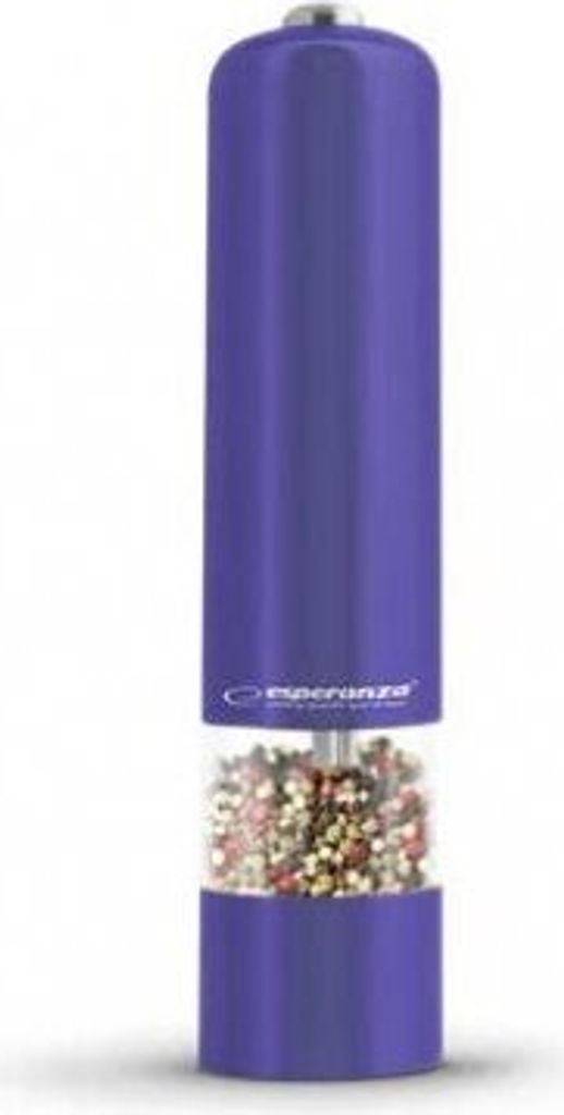 A purple electric pepper mill filled with peppercorns.