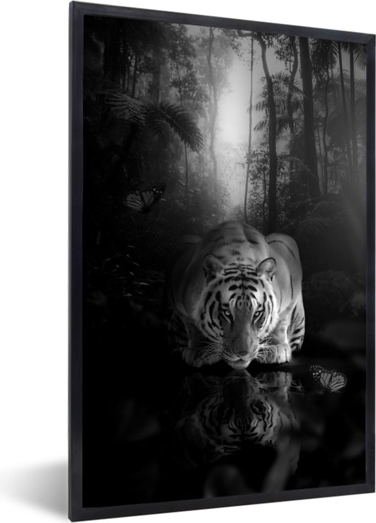MuchoWow Gerahmtes Poster Tiger in der Nähe des Wassers im Dschungel - schwarz und weiß 60x90 cm - Poster mit Schwarzem Bilderrahmen Wandposter...