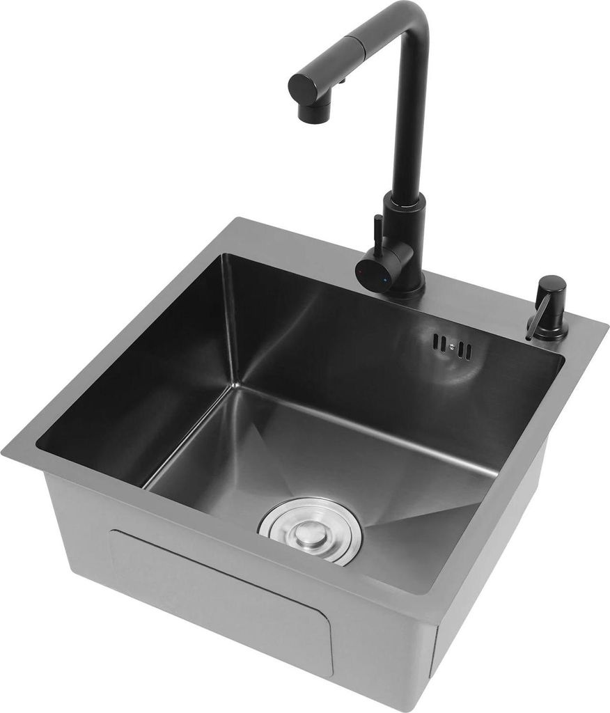 Küchenspüle - Einzelbecken mit Auszieharmatur - Nano-beschichtet - 40x35,5 cm - 60 cm Auszugsschlauch - Einbau / Unterbau / flächenbündig - Sei...