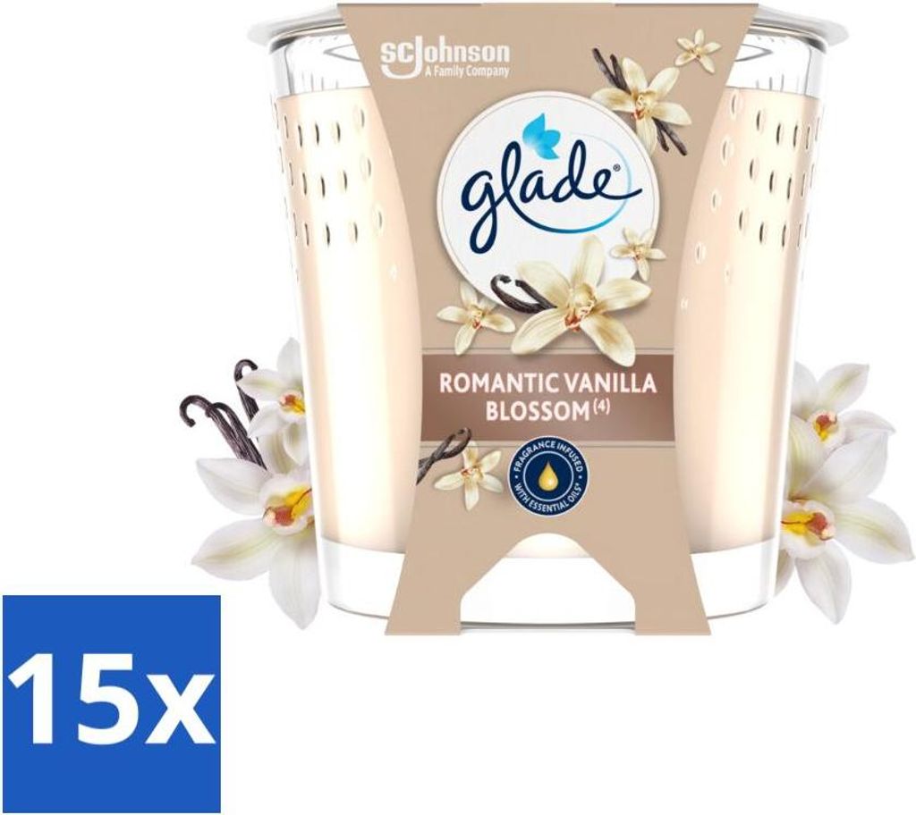 Glade - Duftkerze Romantic Vanilla Blossom - 100% Rapswachs & Vegan - 112 g - Vorteilspack - 15 Stücke