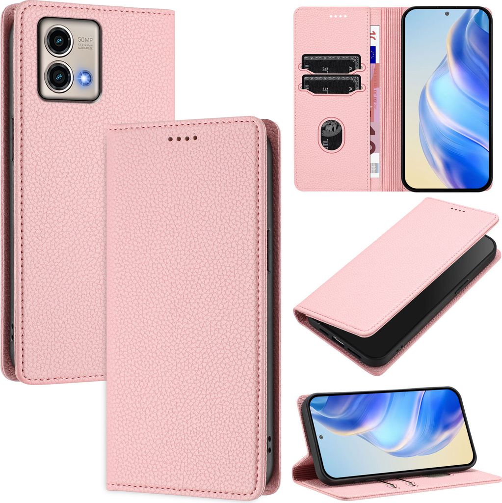 Litchi Leder Handyhülle für Motorola Moto G Stylus 5G (2023) Wallet Kartenfächer Standfunktion Hülle Pink