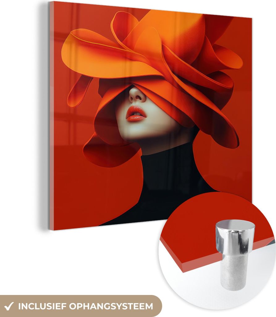MuchoWow Glasbilder - Bilder auf Wandbild - Foto auf Glas Orange - Hut - Frau 40x40 cm Wanddekoration aus Glas - Acrylglasbild - Acrylbilder