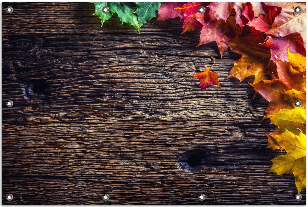 Wallario Outdoor-Poster für Garten oder Balkon, Motiv Herbstblätter auf altem Holz, in ca. 80 x 120 cm