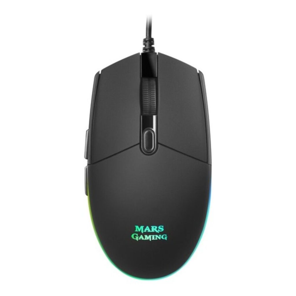 A black gaming mouse with RGB lighting on a white background.