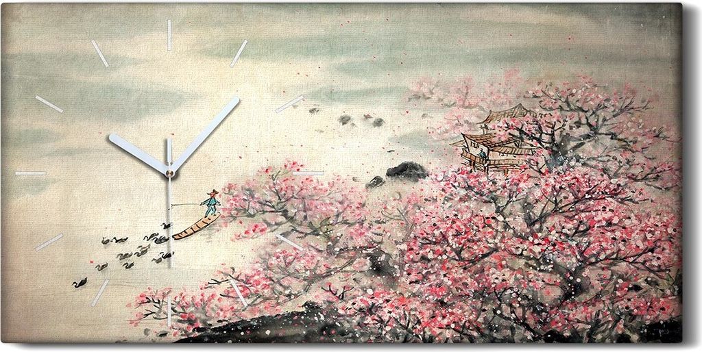 Wanduhr Uhr Wandbild Leinwand 60x30 Gemälde Asiatische Baum Blumen Boot Enten - weiße Hände