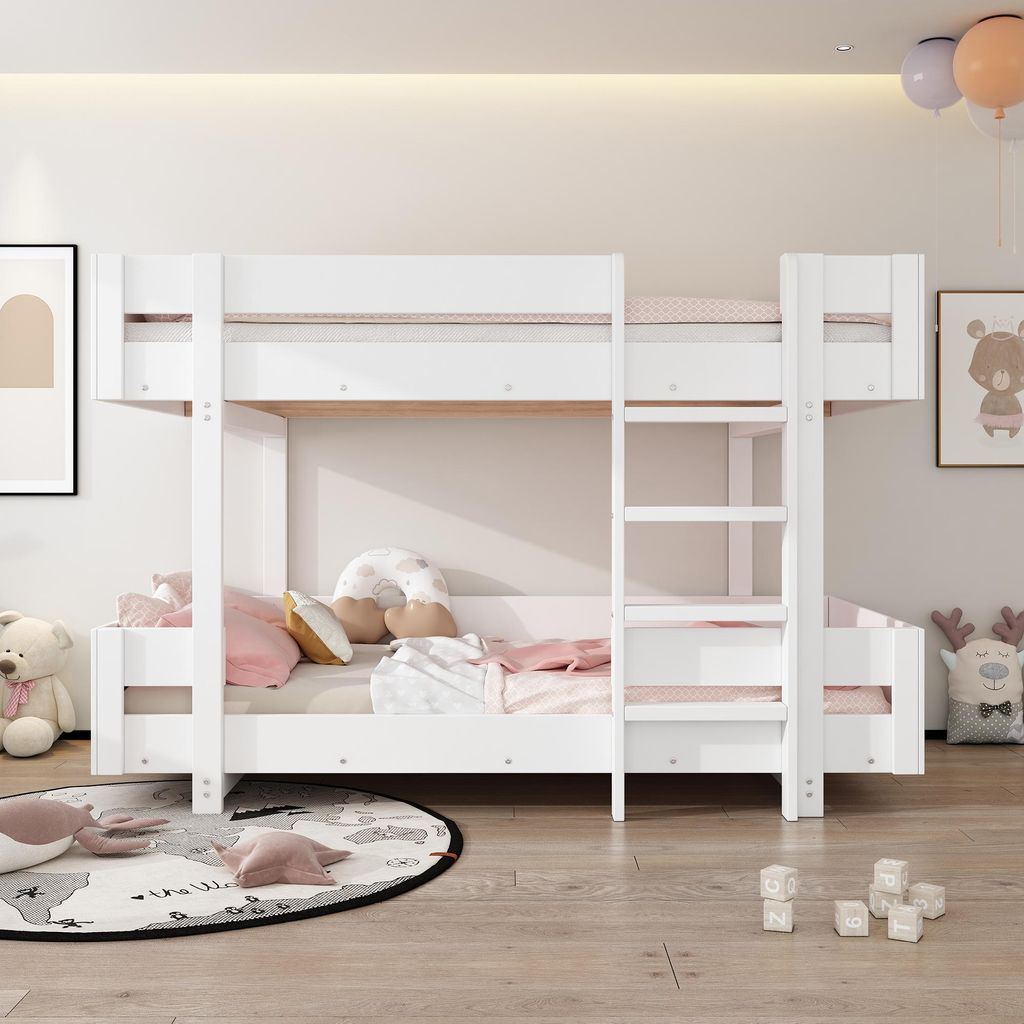 Flieks Etagenbett 90x200cm mit Rausfallschutz, Kinderbett mit Lattenrost, Hochbett mit Leiter für 2 Kinder, Stockbett Holzbett, Weiß