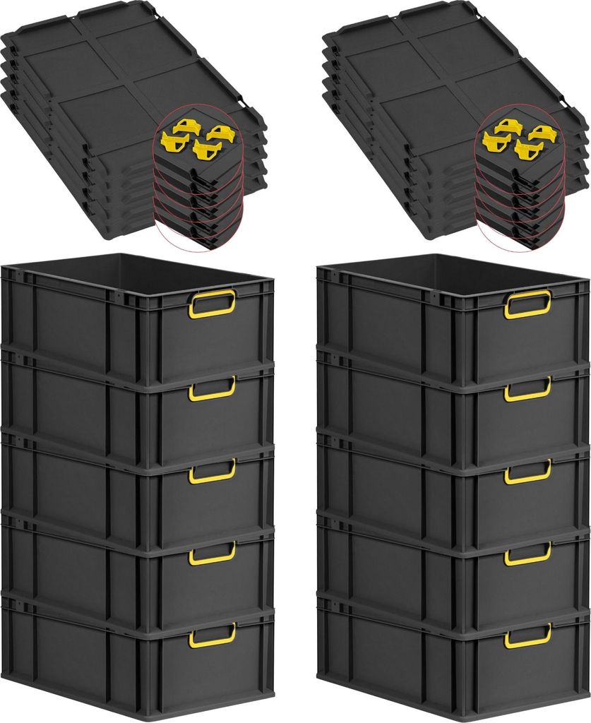SparSet 10x Eurobox NextGen Color mit Auflagedeckel und Schiebeschnappverschlüsse | HxBxT 22x40x60cm | 44 Liter | Schwarz | Griffe gelb geschlosse...
