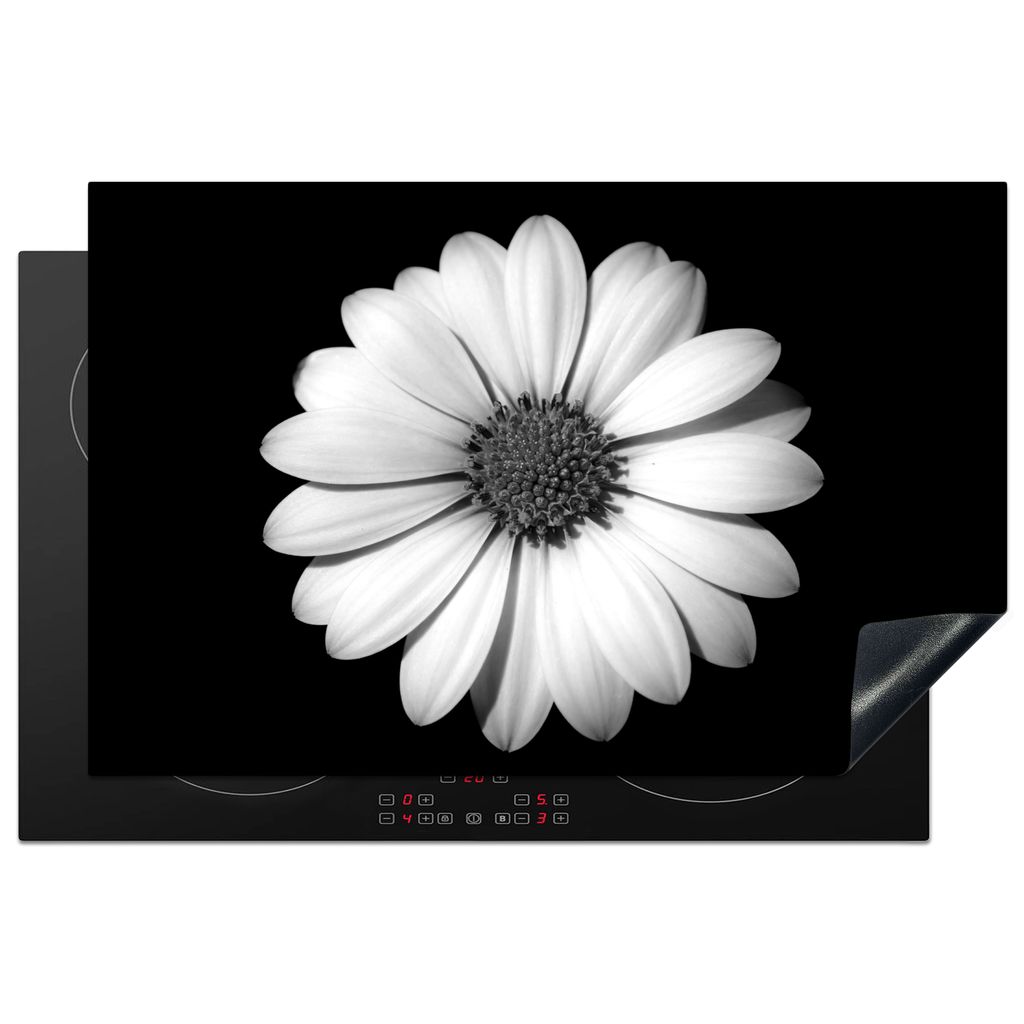 KitchenYeah Herdabdeckplatte Gänseblümchen - Schwarz - Weiß - Blume , 80x52cm, Küche Deko, Glaskeramikkochfeld Herdabdeckung, Abdeckplatte f...