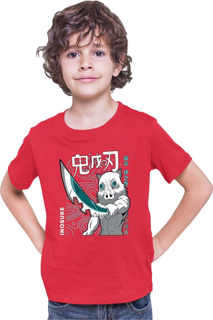 Kinder T-Shirt Demon Anime Slayer Kimetsu No Yaiba Inosuke Hashibara 004, 7-8 Jahr - 128 / Rot
