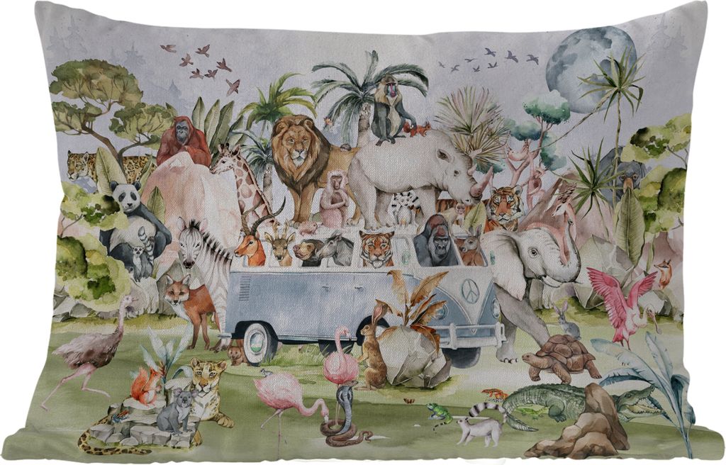 MuchoWow Outdoor Kissen - Dschungel - Bus - Tiere - Kinder - Pflanzen - 50x30 cm - Wetterfest - Lounge Kissen - Sofa kissen - Wohnzimmer Dekoration