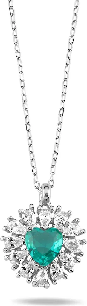 Collier en argent pendentif cœur et pierres zircone vert émeraude 45cm