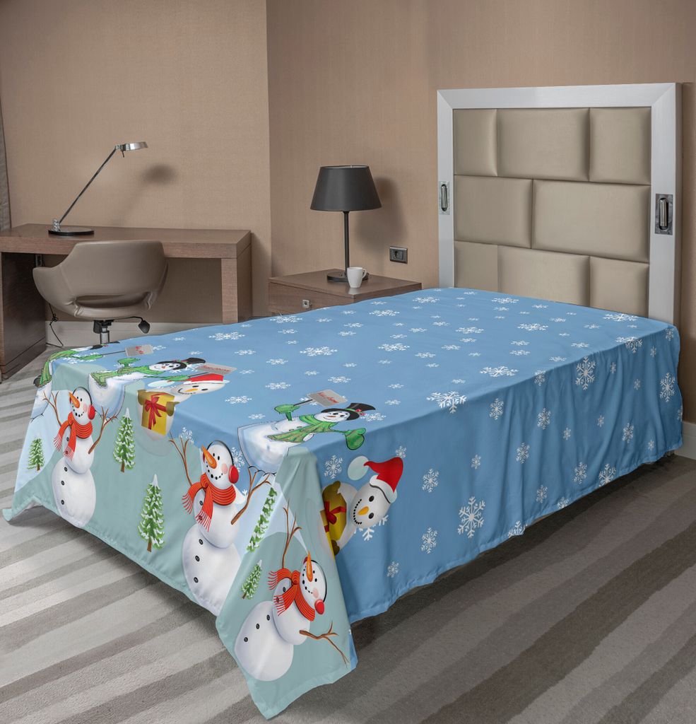 ABAKUHAUS Weihnachten Bettlaken, Schneemann-Party-Themed Cartoon Zusammensetzung Wintersaison Elemente Bäume Schneeflocken, weiches bequemes obere...