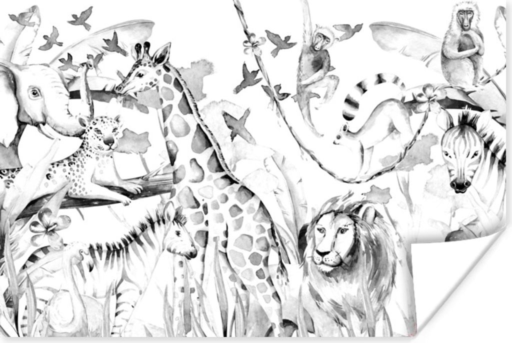 MuchoWow Poster Wasserfarben - Tiere - Dschungel - Jungen - Mädchen - Kinder - Kinder 120x80 cm - Bilder