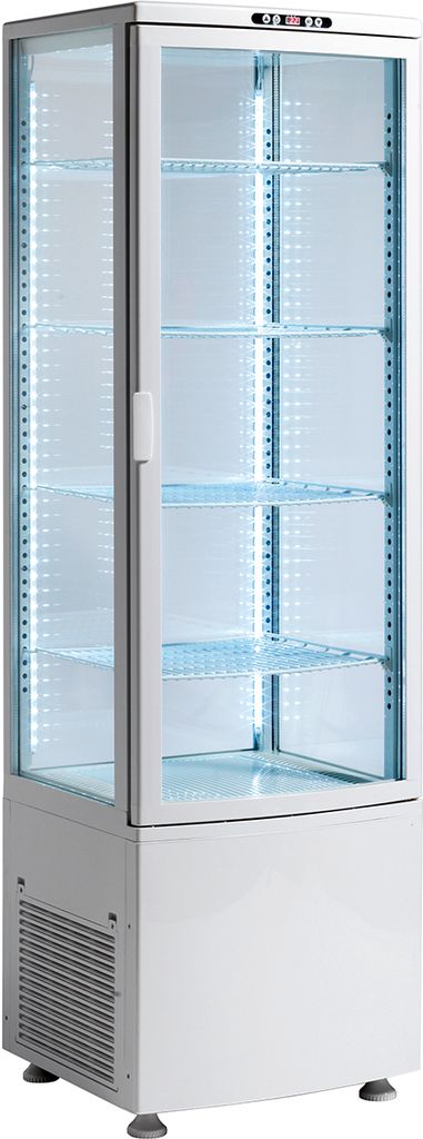 Kühlvitrine RTC 237WE, Umluftkühlung, LED, 4-seitig verglast, gebogene Fronttür, 520x490x1690 mm, 235 Liter