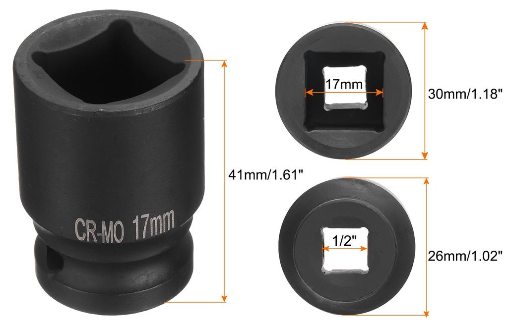 2 Stš¹ck 4-Punkt-Viereckbuchse 1/2" Antrieb 17mm Stecknuss, Metrische Viereck-Impact-Buchse CR-MO-Verdunkelung Standard-Rad-Buchsen Pneumatische ...