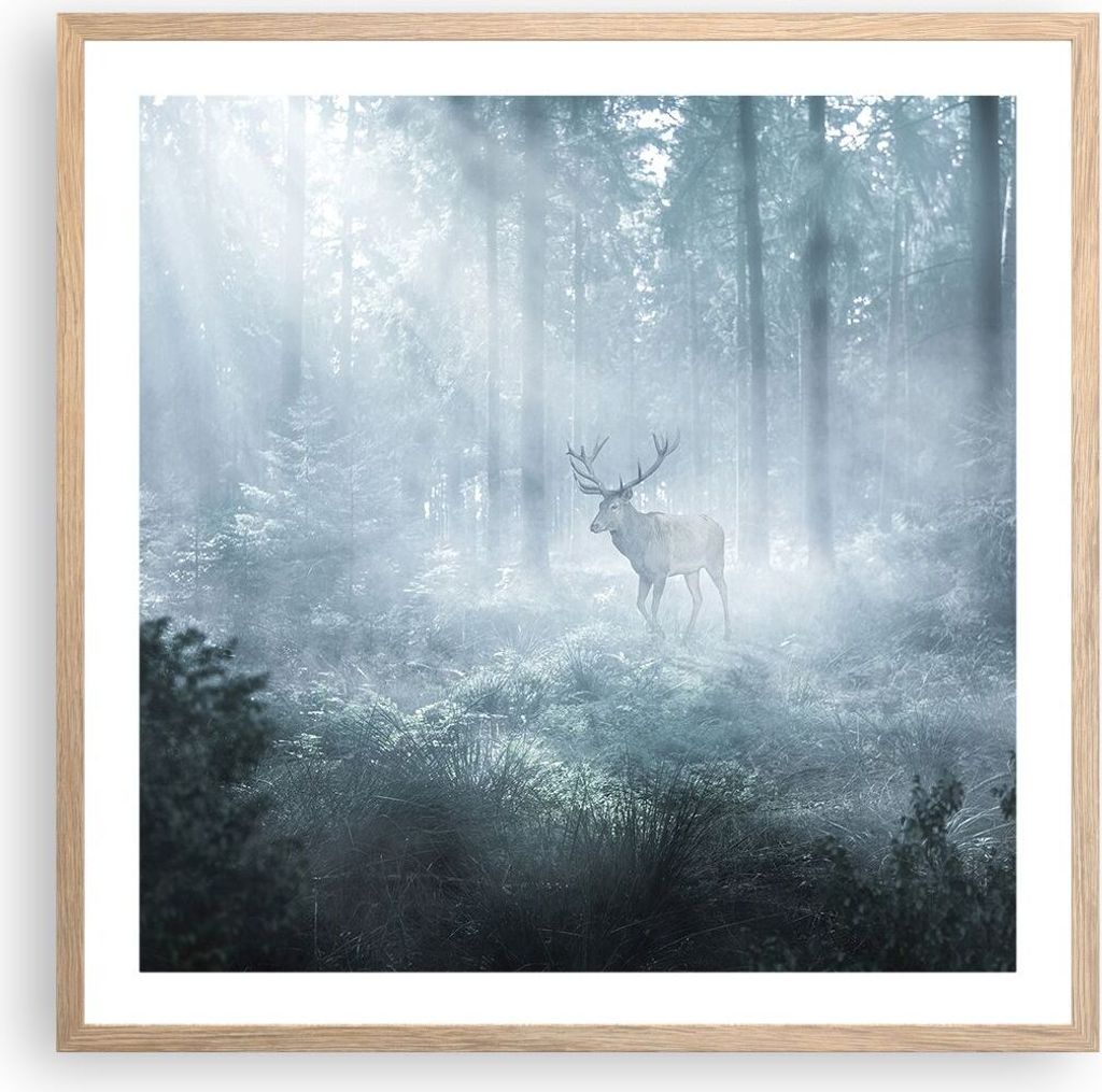 Gerahmtes Poster - Rahmen in heller Eiche - Hirsch Wald Morgendämmerung - 60x60 cm - Wand Bild - Wanddeko - Wandbilder - Kunstposter - Wandposter ...