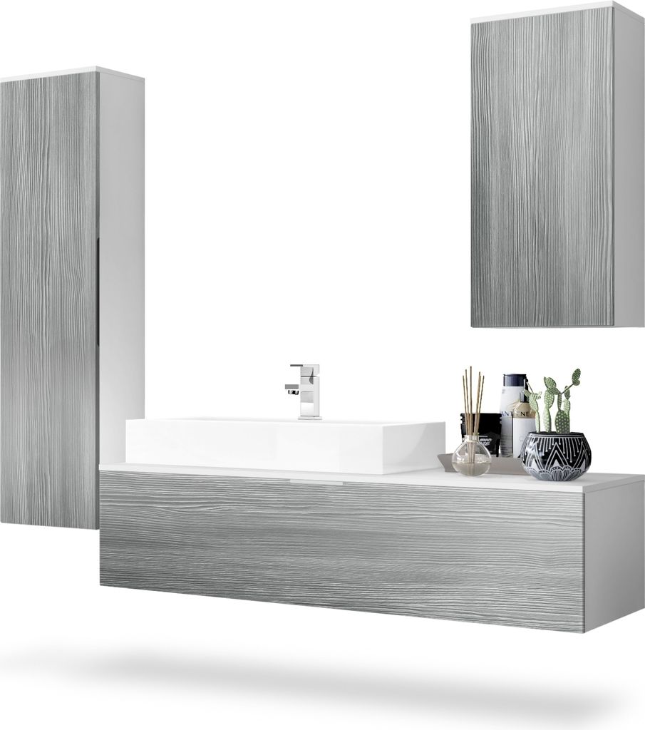 Vladon Badmöbel Komplettset Beach, Germany, Korpus in Weiß matt / Fronten in Avola-Anthrazit, mit Aufsatzwaschbecken und Armatur