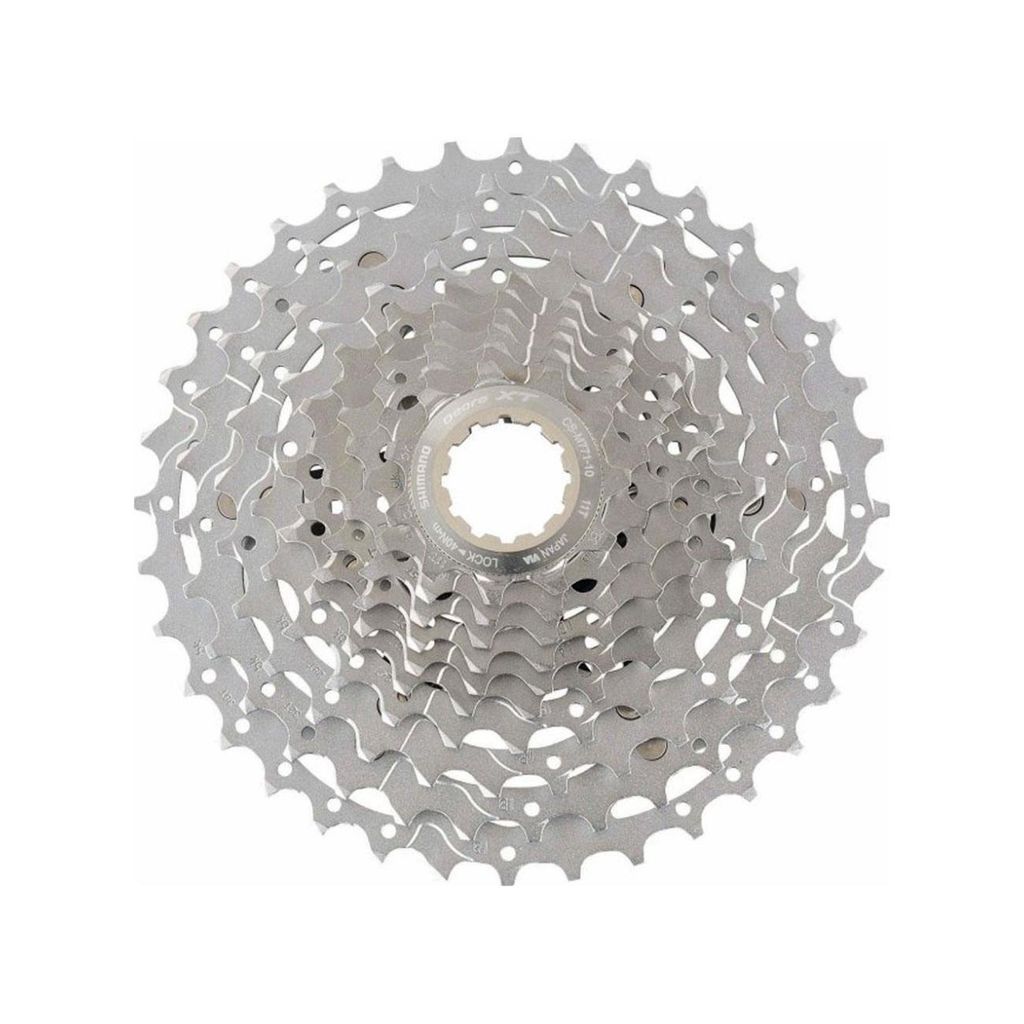 A close-up, studio shot of a bicycle cassette.