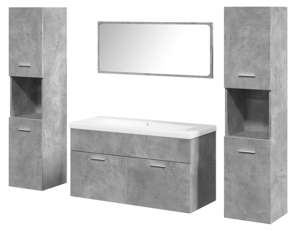 Badmöbel Set 5-teilig, Badschrank mit Stauraum, Waschbeckenunterschrank für das Badezimmer, Badspiegel, Betongrau Holzwerkstoff
