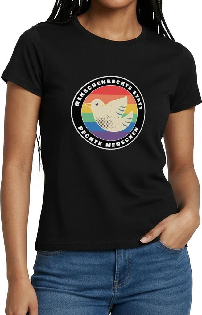 Spreadshirt Menschenrechte Statt Rechte Menschen Bunte Taube Frauen T-Shirt, S, Schwarz