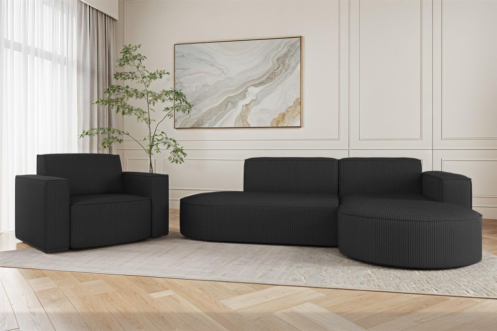 Sofa Set 2-teilig Sessel und Ecksofa PALMA XS Stoff Scala Anthrazit Ottomane Rechts