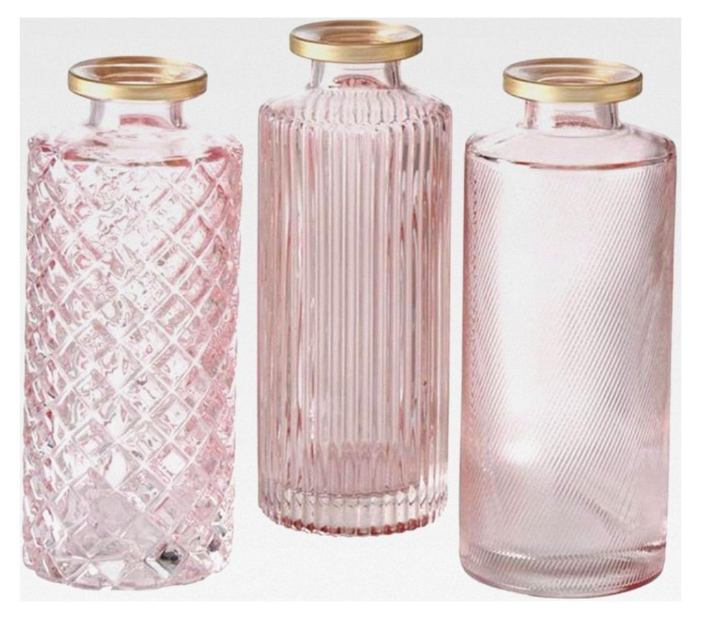 Vasen im 3er Set aus Glas in Flaschenform mit Reliefveredelung für Blumen, Gräser und Zweige - Rosa Gold
