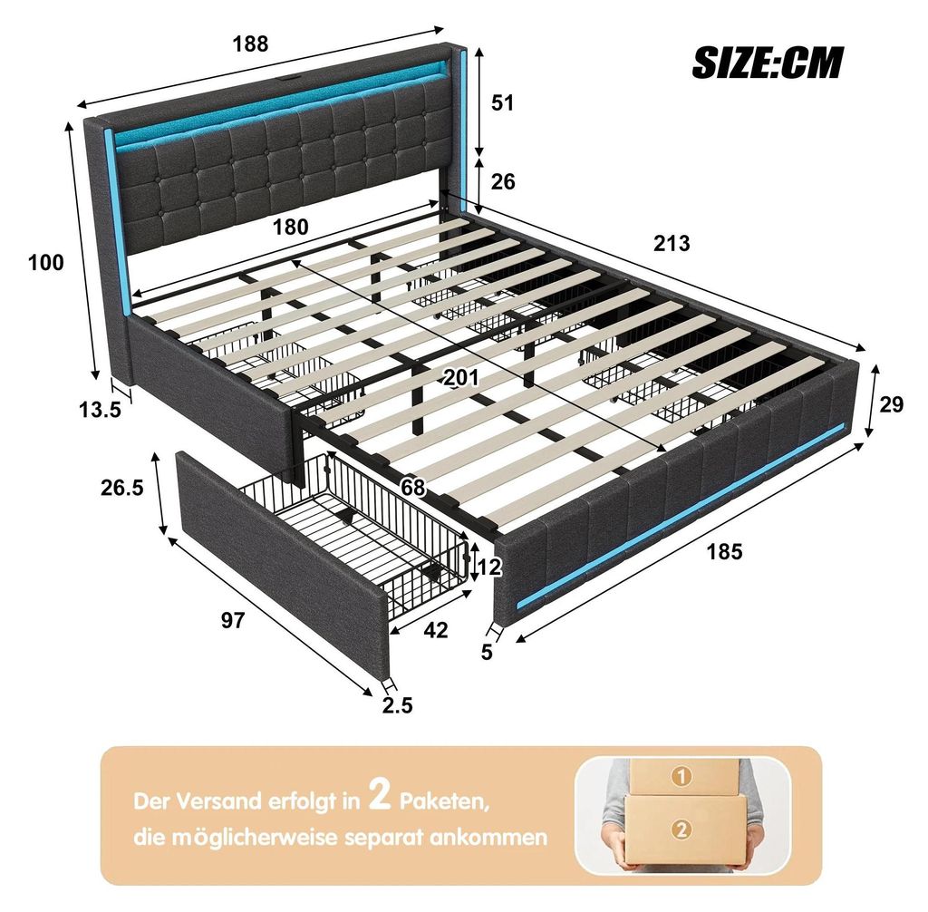 Polsterbett - Doppelbett 180x200 cm - Holz Lattenrost - 4 Schubladen Stauraum - LED Beleuchtung & USB Type‐C - Modernes Design - Grau
