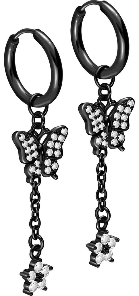 Chirurgenstahl Ohrclicker Creolen KRISTALLSCHMETTERLING + KRISTALLBLUME Schwarz Innendurchmesser: 10mm + Designstärke: 1,6mm