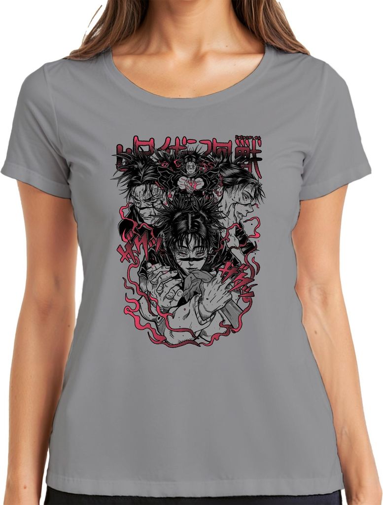 呪術廻戦 Sukuna Yuji Megumi Anime Manga Geschenk Anime Ästhetik Damen T-Shirt, Grau, XL
