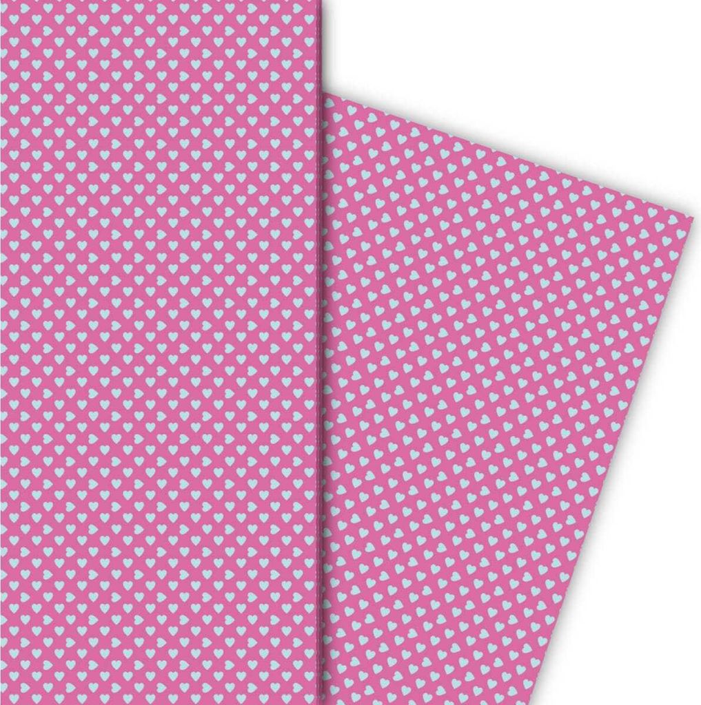Romantisches Geschenkpapier mit kleinen Herzen hellblau auf rosa - G5382, 32 x 48cm