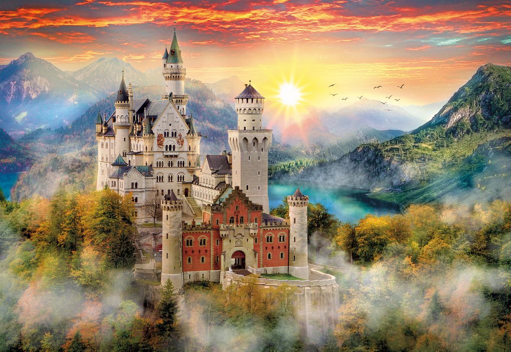 A majestic castle perched on a cliff, surrounded by mountains and mist, with a vibrant sunset in the sky.