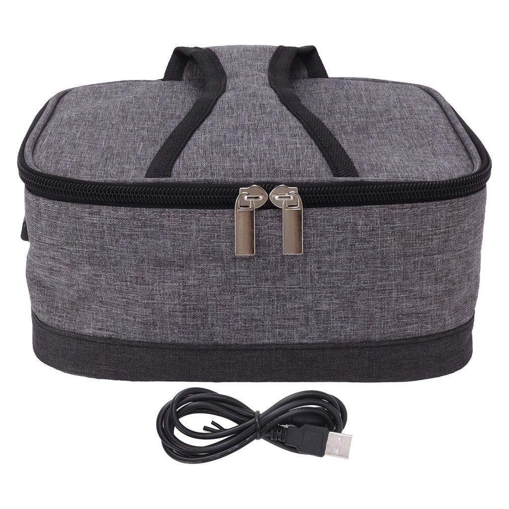 A gray insulated bag with a black trim and two zippers on top, with a black USB cable coiled below it.
